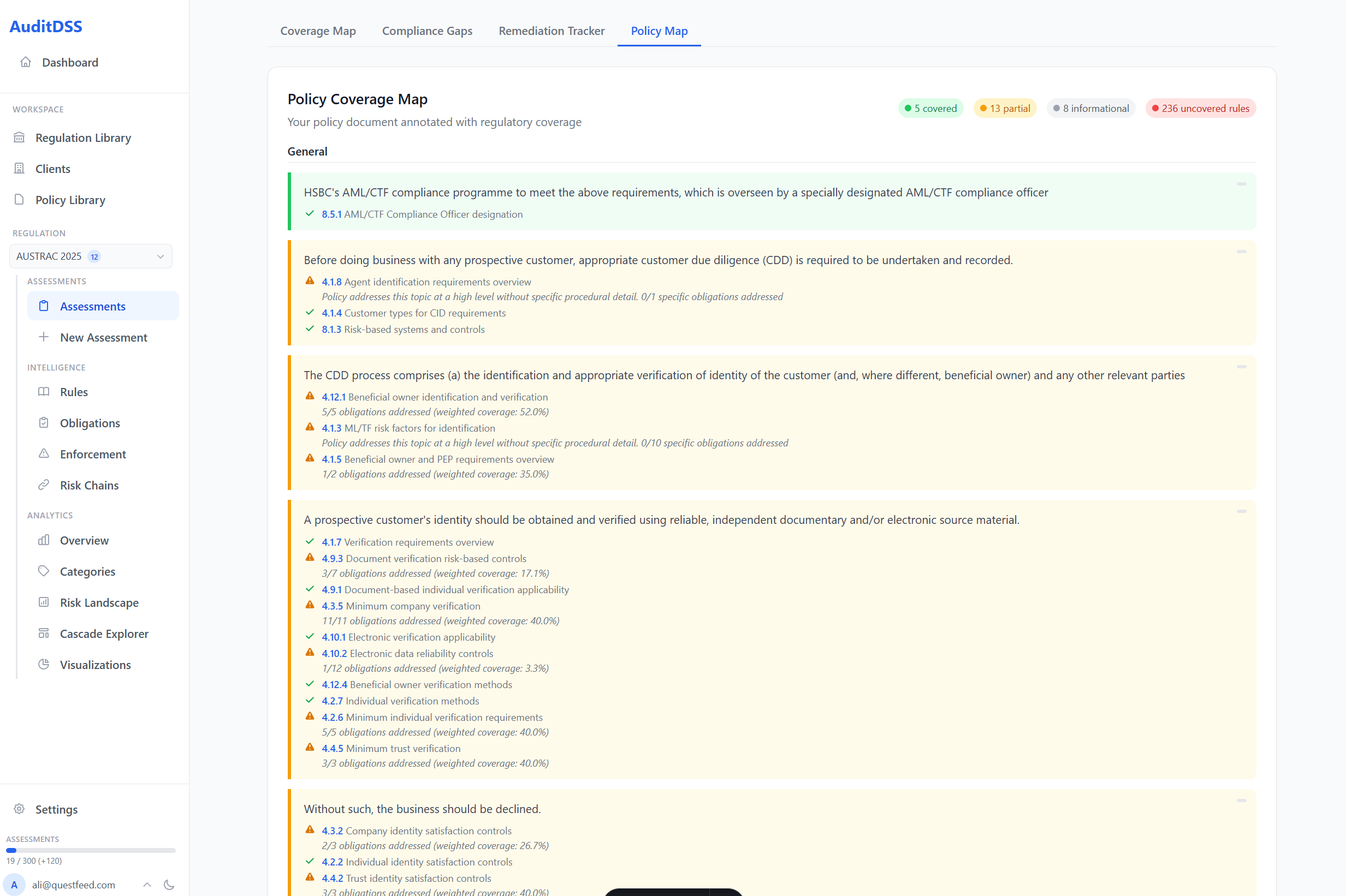 AuditDSS Policy Map — upload your compliance document and select a regulation